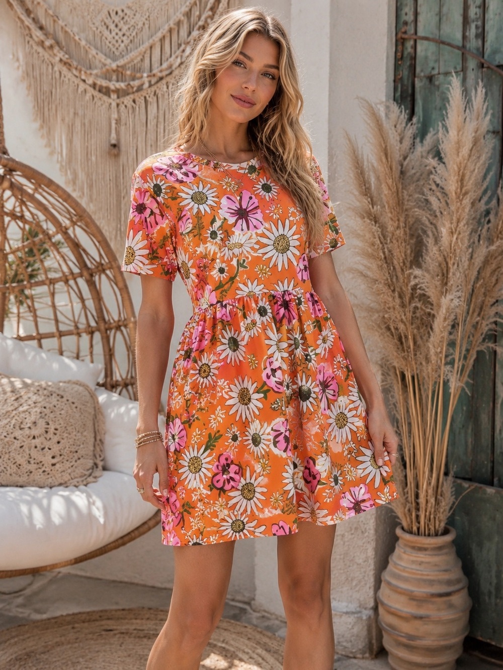 $60 NWOT Zara 100% Cotton Orange Floral Babydoll Dress S